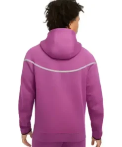 Back view of purple men’s Nike Tech fleece reflective Windrunner full-zip jacket showing reflective line design.