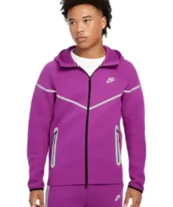 Front side of purple men’s Nike Tech fleece reflective Windrunner full-zip jacket with white reflective stripes.