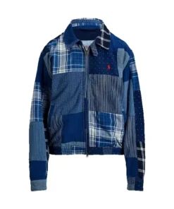 Front view of Ralph Lauren Patchwork Cotton Linen Windbreaker highlighting blue patch patterns, shirt-style collar, and zipper closure.