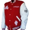 Red and white Travis Scott x State Farm varsity jacket with cactus patch and State Farm branding on chest and sleeves