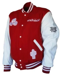 Red and white Travis Scott x State Farm varsity jacket with cactus patch and State Farm branding on chest and sleeves