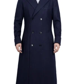 Aaron Men's Blue Double Breasted Long Wool Coat