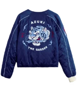 Azuki Twin Tigers Jacket in navy blue satin with quilted design, front zipper, ribbed collar and cuffs, and embroidered twin tiger artwork on the chest Back Look