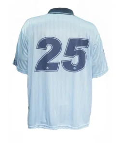 Back of the Adidas x Oasis tour jacquard jersey showing a large navy number 25 printed on the signature Adidas tour jacquard jersey striped fabric.