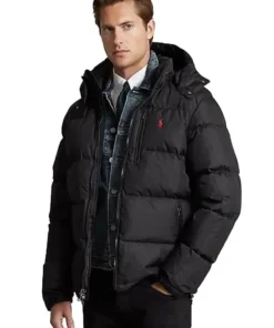 Polo Ralph Lauren Black Jacket back view showing the puffer quilted pattern and hooded insulated style for men’s winter comfort.