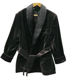 Black velvet Roselli smoking jacket. A luxurious smoking jacket black smokers jacket robe for evening wear.
