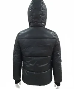 The back view of a black Mackage down jacket for men is showcased on a white mannequin, highlighting the puffer design of this Mackage winter coat.