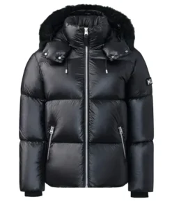 Front view of Mackage Kent Down Puffer Jacket in black featuring glossy finish, zip closure, and hooded winter design for men.