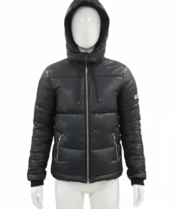 A white mannequin models the front of a black Mackage Kent down puffer jacket for men, a warm and stylish black Mackage coat with a hood.