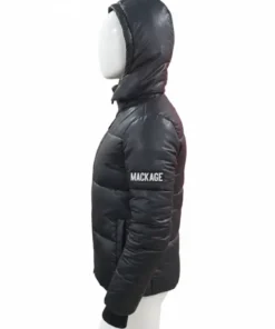 A white mannequin displays the side profile of a black Mackage Kent-Z down puffer jacket for men, featuring the Mackage logo on the arm, ideal for winter.