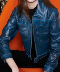 Blue Cropped Leather Jacket