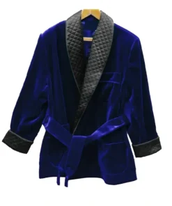 Blue velvet Roselli smoking jacket featuring quilted lapels. Elegant smokers jacket mens and womens robe.