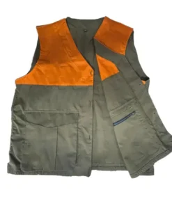 Front closure view of the tan Filson Upland Hunting Vest at America Jackets.