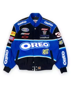 Full front view, laid flat, of the JH Design Dale Earnhardt Jr Oreo NASCAR Jacket. The black and bright blue Classic Dale Earnhardt Jr Oreo Jacket features bold Oreo lettering across the mid-section and collar, plus numerous Nabisco product logos like Ritz and Nilla.