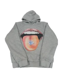 Front view of the Homesick x2c hoodie in grey, showcasing a large graphic print of a mouth and tongue with artistic 