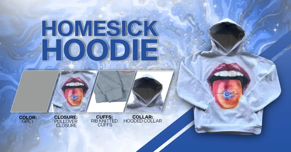The grey Homesick Hoodie features a vibrant graphic of an open mouth and tongue, pullover closure, rib-knitted cuffs, and a classic hooded collar.