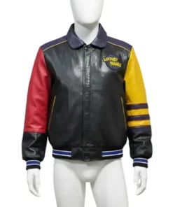 Front view of a Jeff Hamilton Looney Tunes jacket in black leather with red and yellow sleeves, a classic piece of Looney Tunes memorabilia jacket.