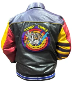 The back of this Looney Tunes jacket vintage style shows iconic characters. A Looney Tunes bomber jacket from America Jackets with expert craftsmanship.