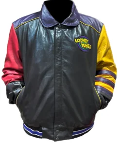 Front view of the Jeff Hamilton Looney Tunes leather jacket in black real leather. This rare Looney Tunes jacket features a stand-up collar and premium embroidery.