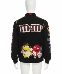 Back view of the M&M NASCAR racing jacket on a mannequin, featuring the large logo and M&M characters.