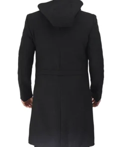 Men's Black Modern Fit Wool Hooded Coat with Zip Closure