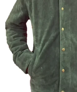 Close-up of the textured brown fabric and collar on the Mens Heat Straps Deck Jacket from America Jackets.