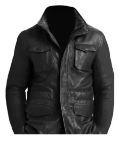 Men’s M65 Field Black Real Lambskin Leather Coat Jacket with four front flap pockets, stand collar, and zip closure