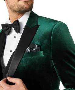 Mens Slim Fit Satin Peak Lapel Tuxedo Jacket Front look Closup