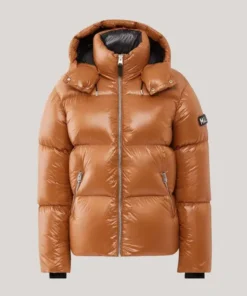 Mustard Brown shiny Mackage KENT-Z puffer jacket with hood. Trendy Mackage KENT-Z padded coat, insulated jacket for men.