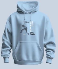 Never Say No Classic Hoodie in light blue with a bold graphic print of a person jumping and the text ‘Never Say No to Adventures’, featuring a kangaroo pocket.