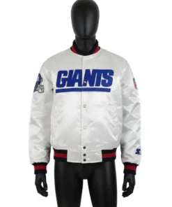 Front view of a New York Giants blue and white button up satin jacket, a varsity jacket style for mens/womens.
