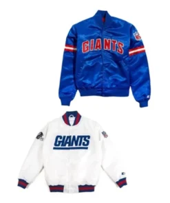 Two New York Giants blue and white nfl jackets, satin bomber style, blue and white colors displayed together.