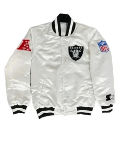 Full-front view of the Raiders white varsity jacket featuring the team logo patch and multiple sleeve patches, a style famously worn by Tom Brady.