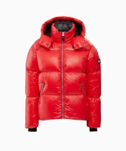 Red glossy Mackage KENT-Z hooded jacket. Mackage KENT-Z down puffer, mens jacket with logo sleeve, quilted jacket.