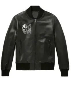 Stay Wild and Free Black Leather Jacket Front look