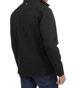 Back view of a black Swiss Tech men's softshell jacket. A swiss tech jacket men's for winter coat apparel.