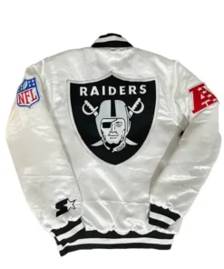 Back view of a Tom Brady Raiders white satin jacket, clearly showing the large back logo and the AFC/NFL sleeve patches.