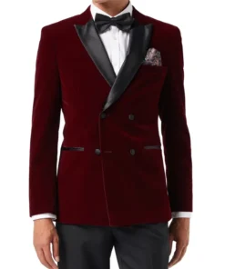 Velvet Tuxedo Double Breasted Blazer For Men Front Look Burgundy Color