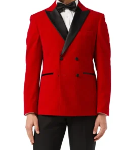 Velvet Tuxedo Double Breasted Blazer For Men Front Look Red Color