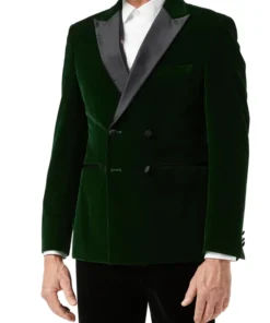 Velvet Tuxedo Double Breasted Blazer For Men Front Look Green Color