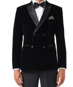 Velvet Tuxedo Double Breasted Blazer For Men Front Look Black Color