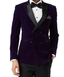 Velvet Tuxedo Double Breasted Blazer For Men Front Look Purple Color