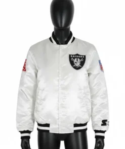 Full-front view of a mannequin wearing a white Raiders bomber jacket (similar to the one worn by Tom Brady) with the Raiders shield logo, NFL shield patch, and Starter logo.
