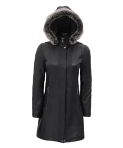 Women Black Leather Hooded Shearling Coat