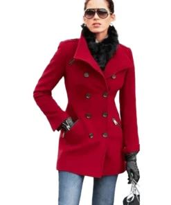 Womens Double Breasted Red Wool Blend Coat