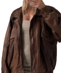 Women’s Oversize Vintage Brown Bomber Handmade Real Leather Jacket, Women’s Brown Oversized Leather Jacket