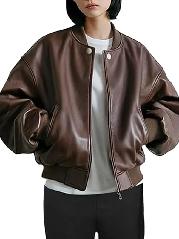 Womens Oversized Real Lambskin Leather Jackets Zip Up Trendy Bomber Motorcycle Jacket