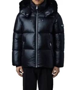 Model wearing black Mackage Kent Down Puffer Jacket showcasing modern fit, shiny exterior, and high-neck zip style.