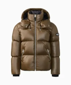 Brown Mackage coat puffer with down-filled insulation and adjustable hood, perfect for stylish winter layering.