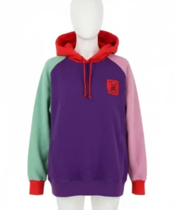 Front view of a color block hoodie teddy fresh on a white mannequin, featuring purple, pink, mint green, and red.